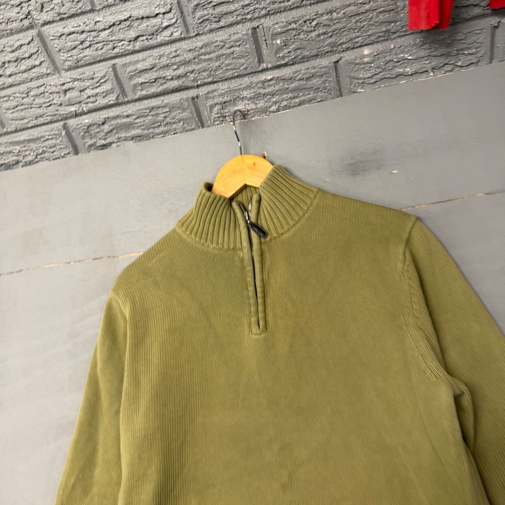 LL Bean‎ Mens Quarter Zip Sweater Olive Green 100% Cotton Ribbed Pullover 258291